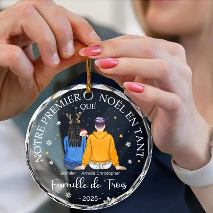 Notre premier Noël en famille... Orement de Noël personnalisée en verre avec bébé, chien et chat