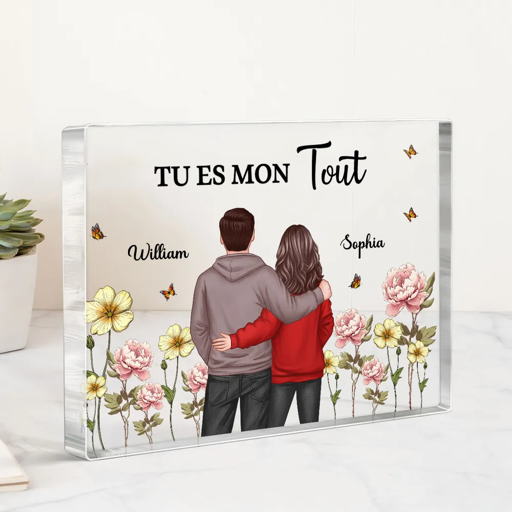 Texte, fleurs de naissance et bloc acrylique pour couple