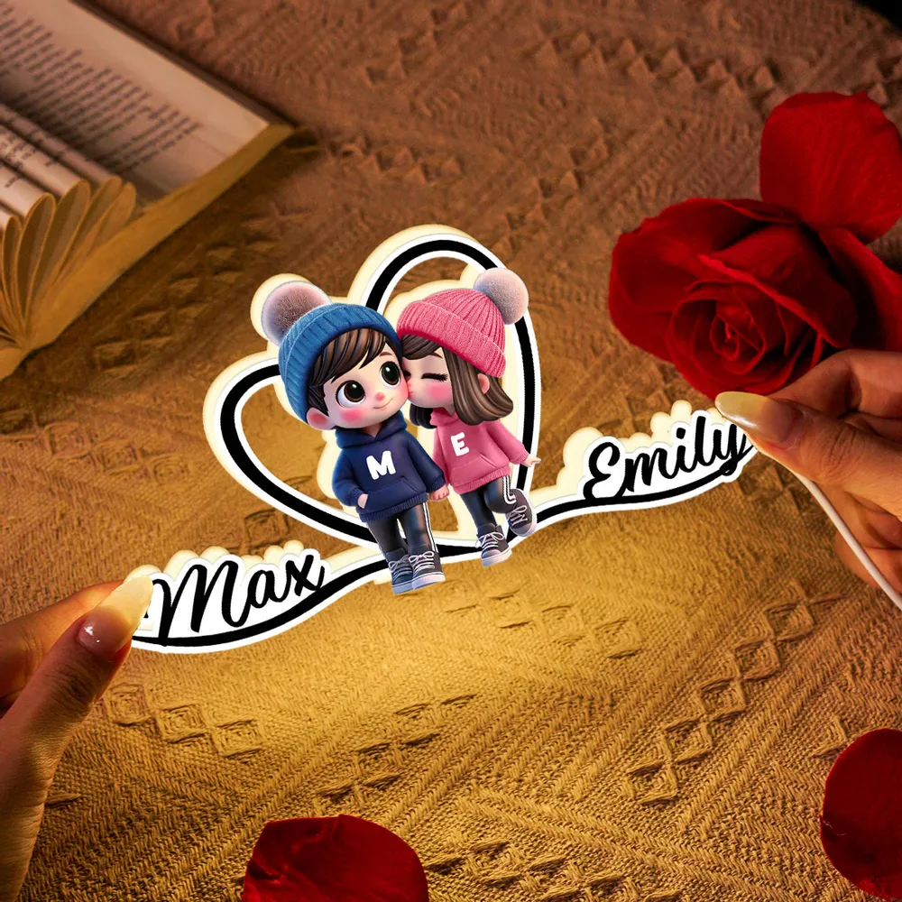 Joli couple et cœur - Boîte lumineuse personnalisée avec prénoms - Cadeau pour la Saint-Valentin