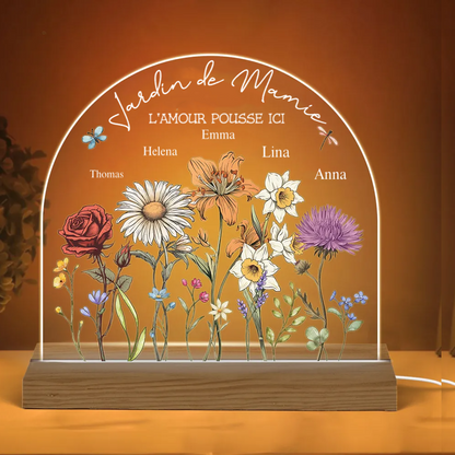 Jardin avec fleurs de naissance – Lampe de nuit personnalisée pour maman et grand-maman