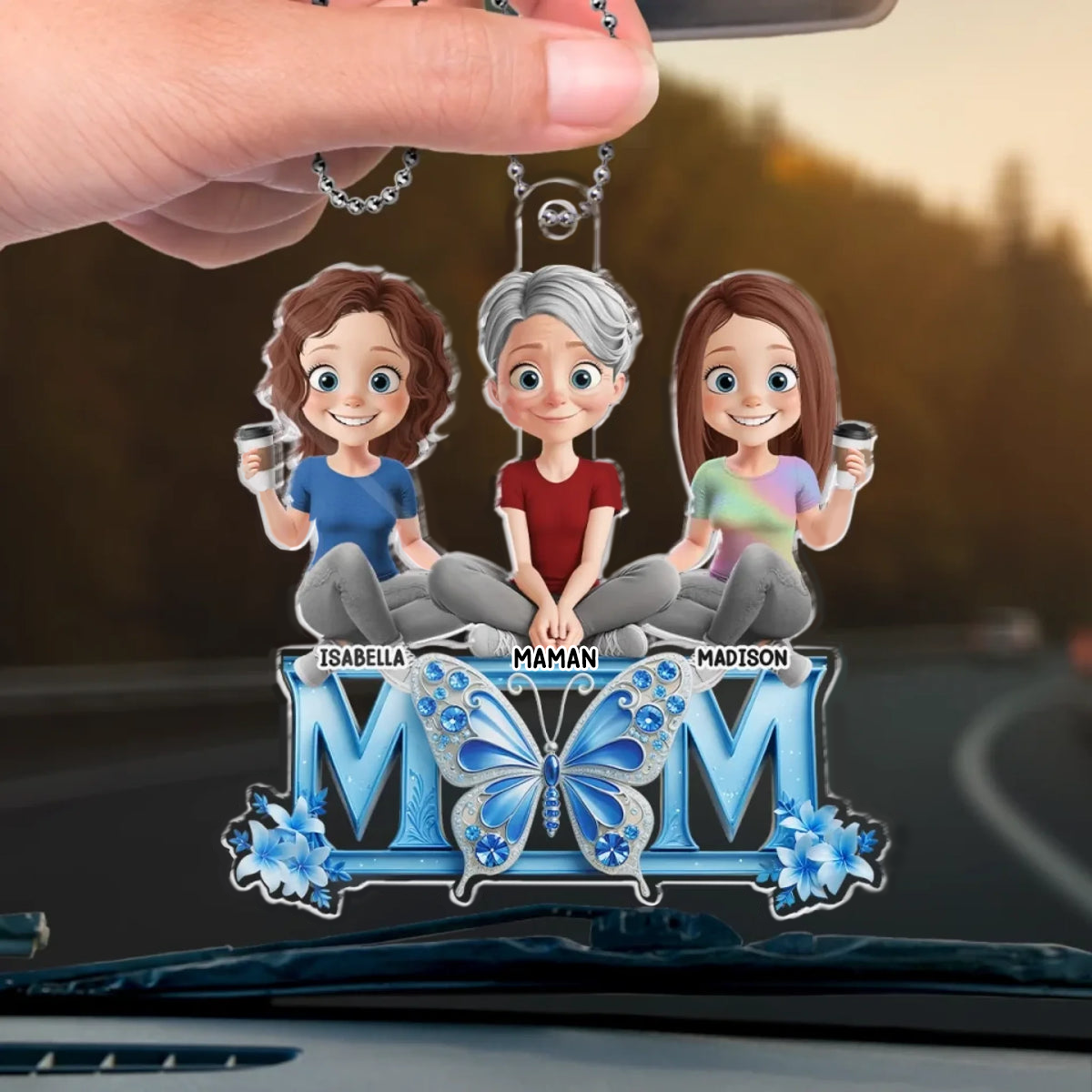 Pendentif en acrylique « MOM » avec maman et filles