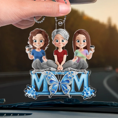 Pendentif en acrylique « MOM » avec maman et filles