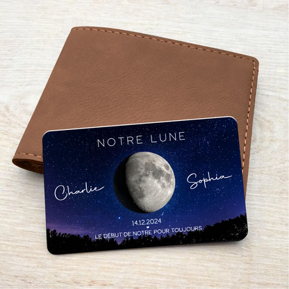 Notre lune - Carte portefeuille personnalisée avec phase lunaire, nom et texte Cadeau pour couple