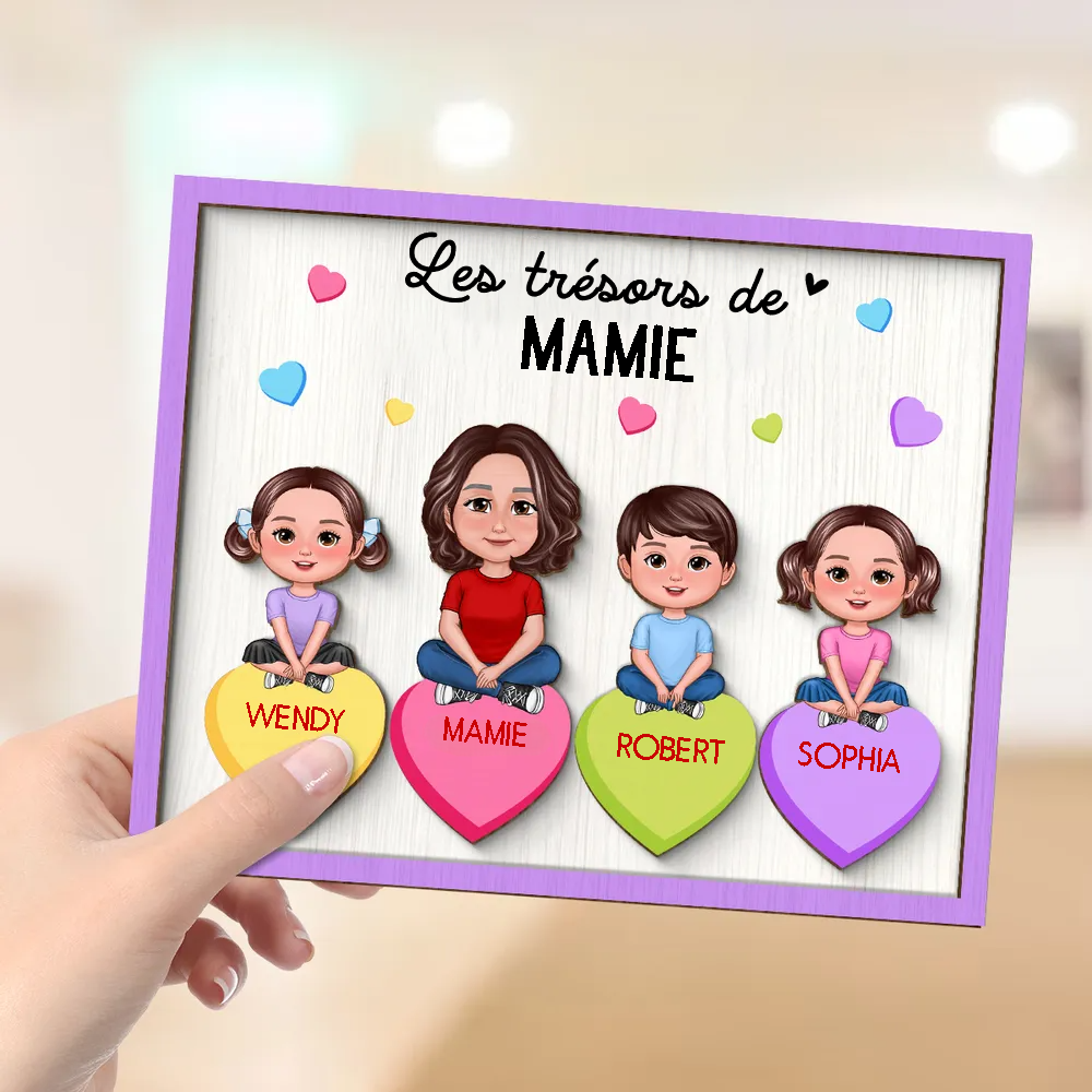 Les Trésore de mamie – Plaque en bois personnalisée pour mamie / maman avec enfants