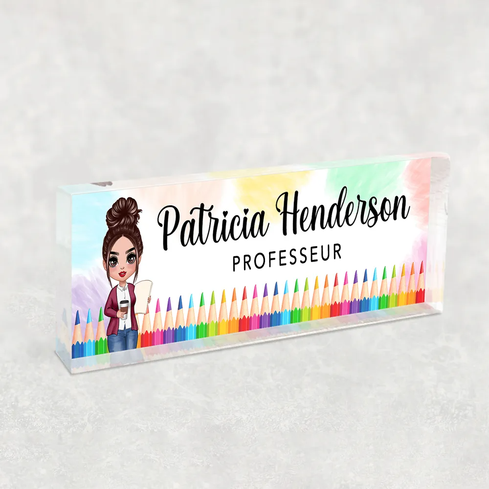 Plaque nominative en acrylique personnalisée – Pour enseignantes avec motifs de crayons de couleur