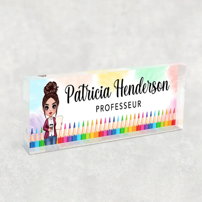 Plaque nominative en acrylique personnalisée – Pour enseignantes avec motifs de crayons de couleur