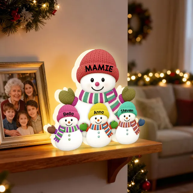 Boîte lumineuse personnalisée “Noël avec Mamie & Papi – Famille Bonhommes de Neige et Petits-Enfants”