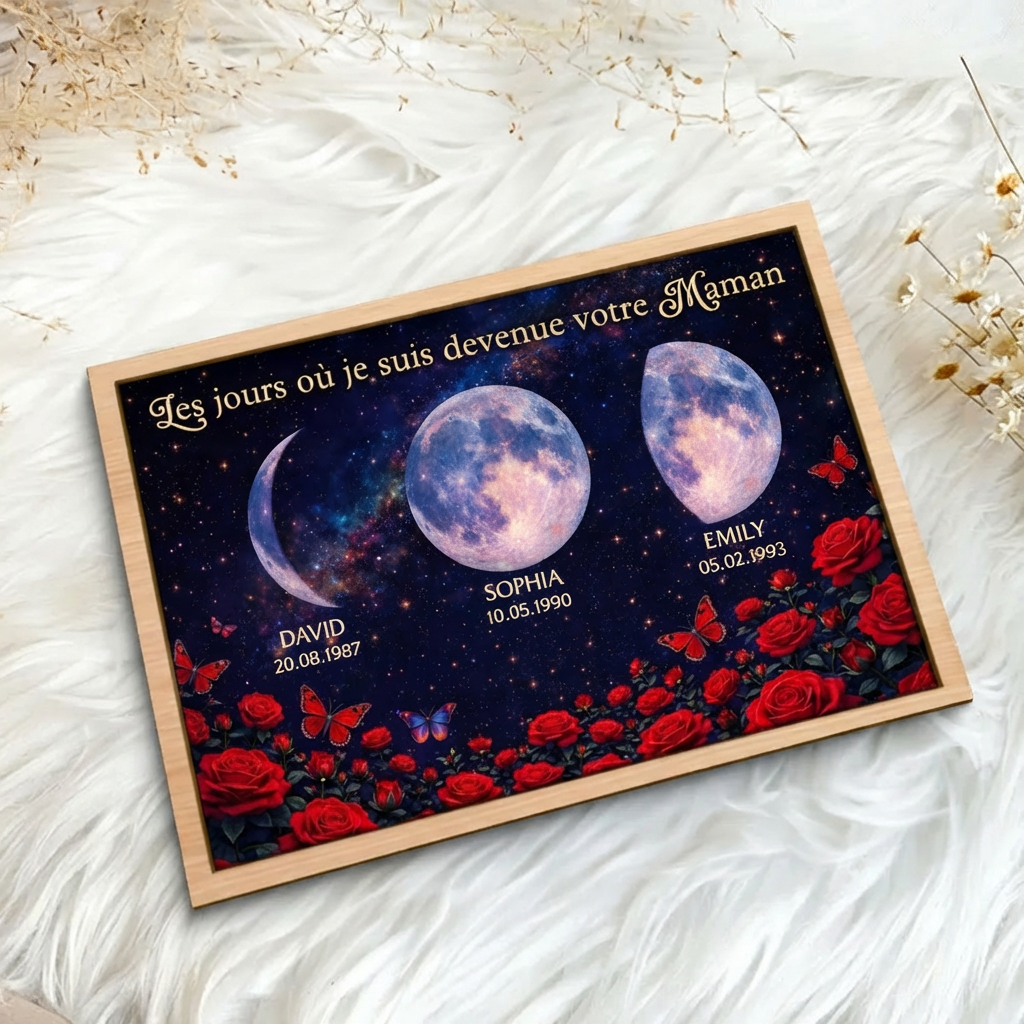 Roses et phases de lune – Présentoir en bois personnalisé – Cadeau pour maman