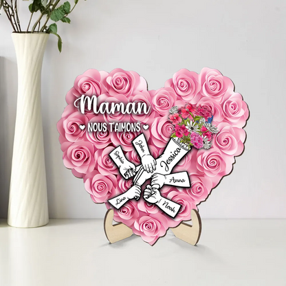 Décoration en bois personnalisé « Main dans la main » avec roses – Cadeau pour maman et mamie