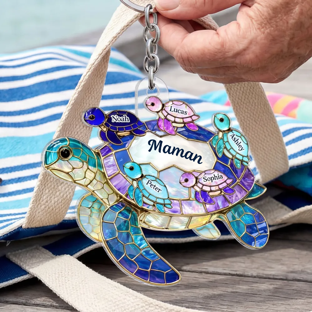 Porte-clés en acrylique avec tortues marines et prénoms – Cadeau pour mamie et maman