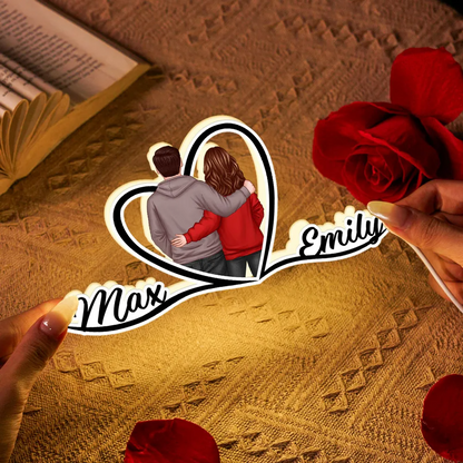 Couple avec cœur - Boîte lumineuse personnalisée avec noms et personnages - Cadeau pour la Saint-Valentin