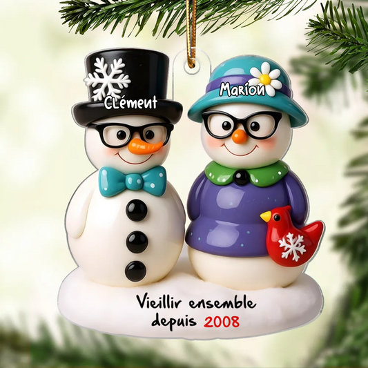 Couple de bonhommes de neige – Décoration de Noël personnalisée avec noms
