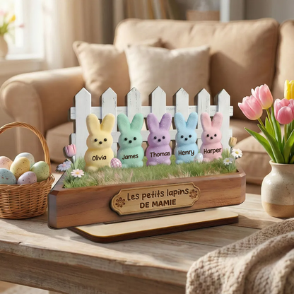 Décoration en bois personnalisé avec lapins – Cadeau pour mamie