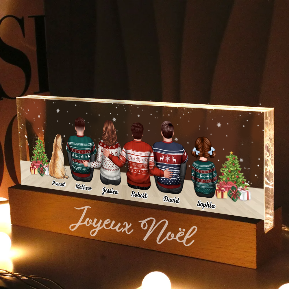 Veilleuse LED personnalisée avec famille, chats et chiens – Cadeau de Noël personnalisé