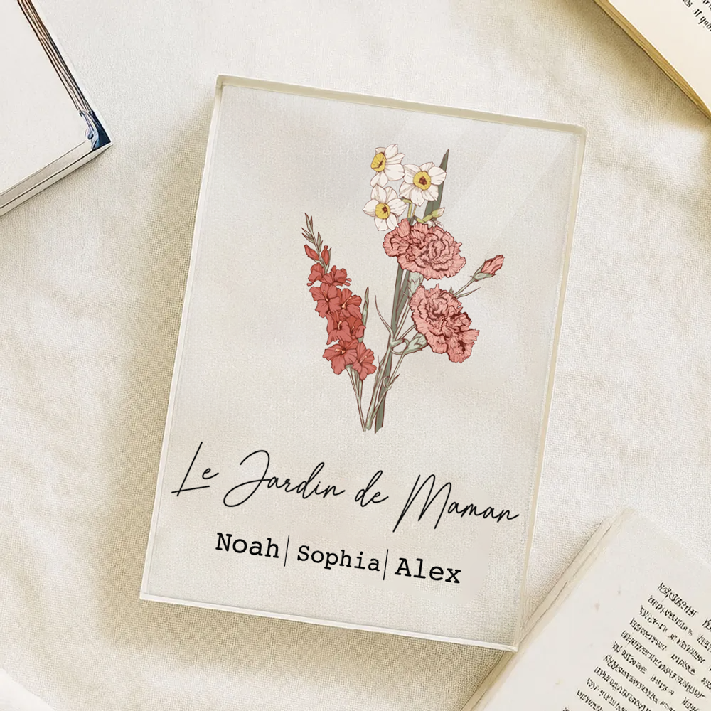 Bloc en acrylique personnalisé avec bouquet de fleurs de naissance, texte et prénoms – Cadeau pour maman et mamie