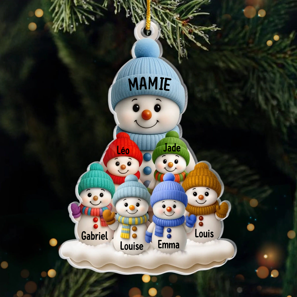 Bonhommes de neige – Pendentif en acrylique, décoration de sapin personnalisée, cadeau pour grand-mère