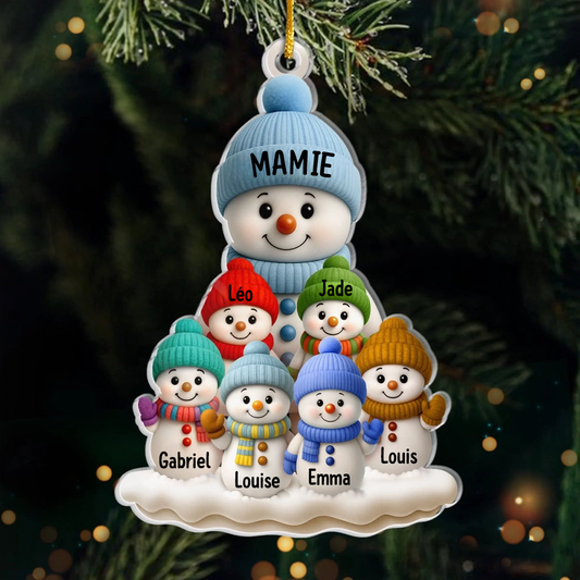Bonhommes de neige – Pendentif en acrylique, décoration de sapin personnalisée, cadeau pour grand-mère