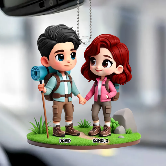 Pendentif en acrylique « Couple camping » personnalisé avec noms, cadeau pour couple