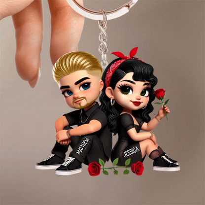 Porte-clés en acrylique personnalisé « Couple avec roses », cadeau pour couple