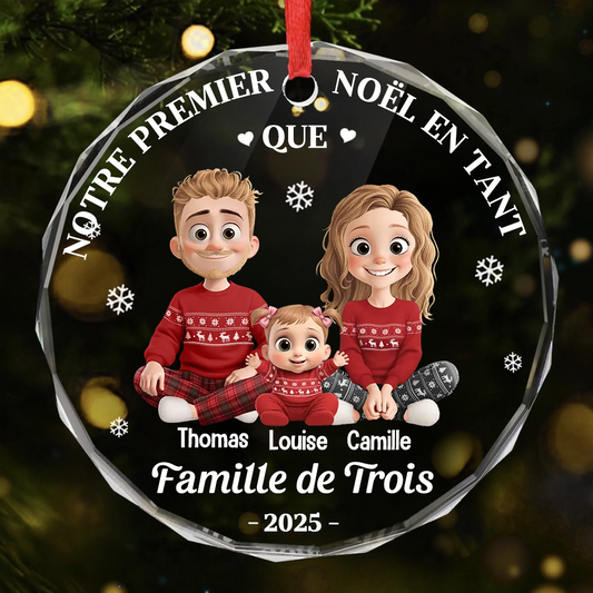 Décoration en verre personnalisée « Notre premier Noël en famille à trois »  Ornement de Noël