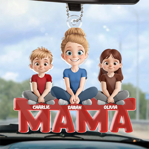 Pendentif de voiture en acrylique personnalisé avec maman et enfants – Cadeau pour maman