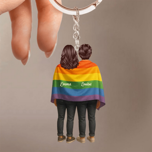Porte-clés personnalisé avec drapeau arc-en-ciel et 2 personnages pour couple LGBT