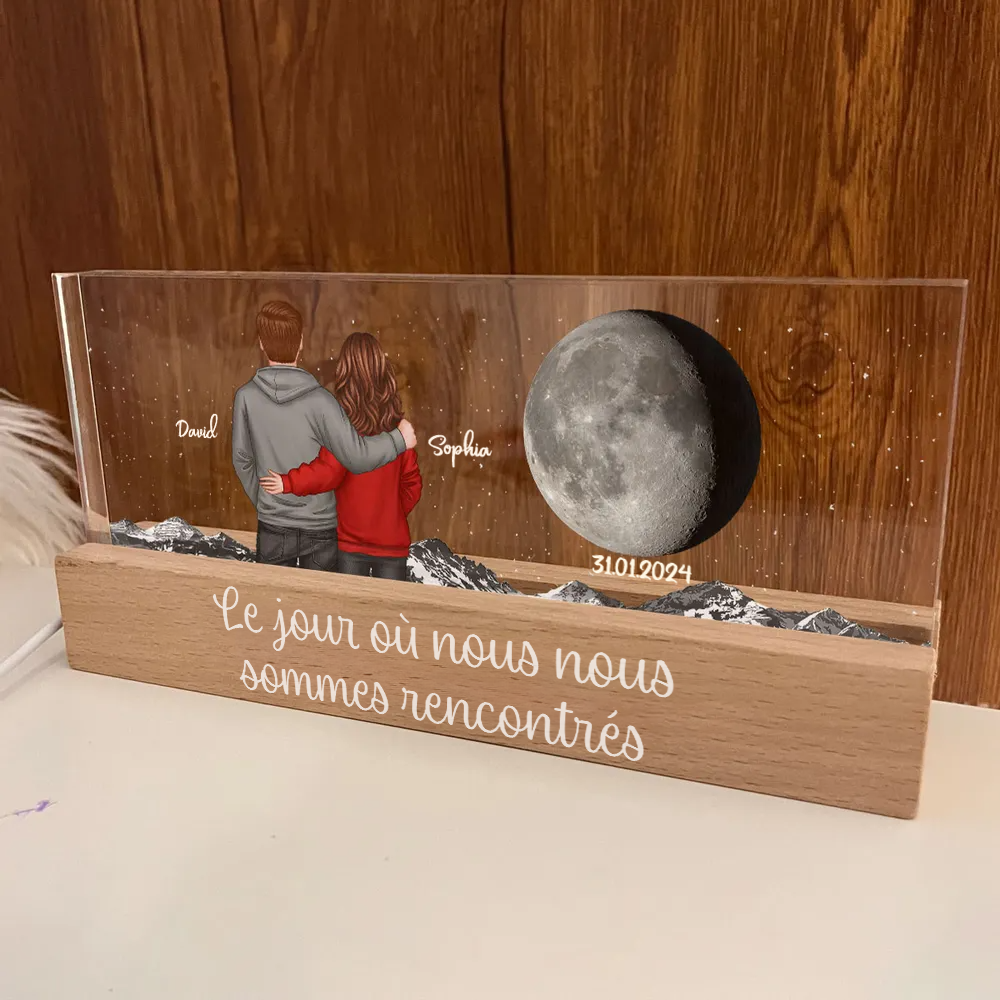 Couple sous la lune - Veilleuse LED personnalisée avec phase lunaire, couple et texte