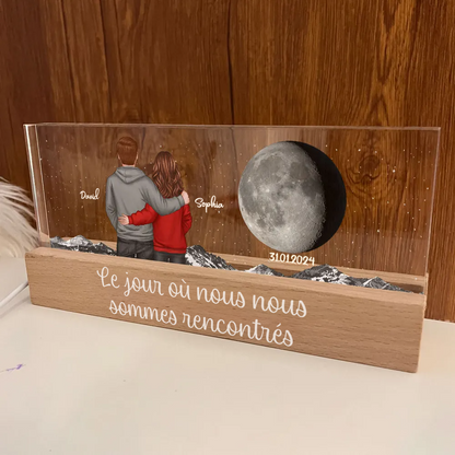 Couple sous la lune - Veilleuse LED personnalisée avec phase lunaire, couple et texte