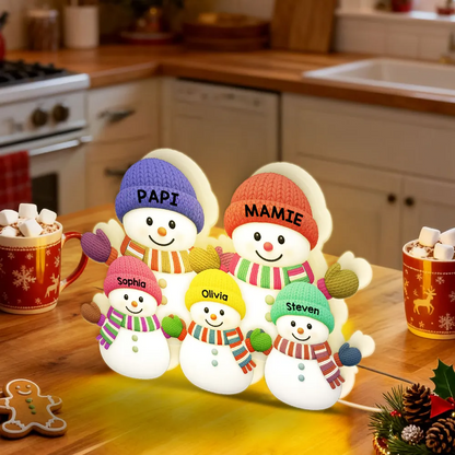 Boîte lumineuse personnalisée “Noël avec Mamie & Papi – Famille Bonhommes de Neige et Petits-Enfants”