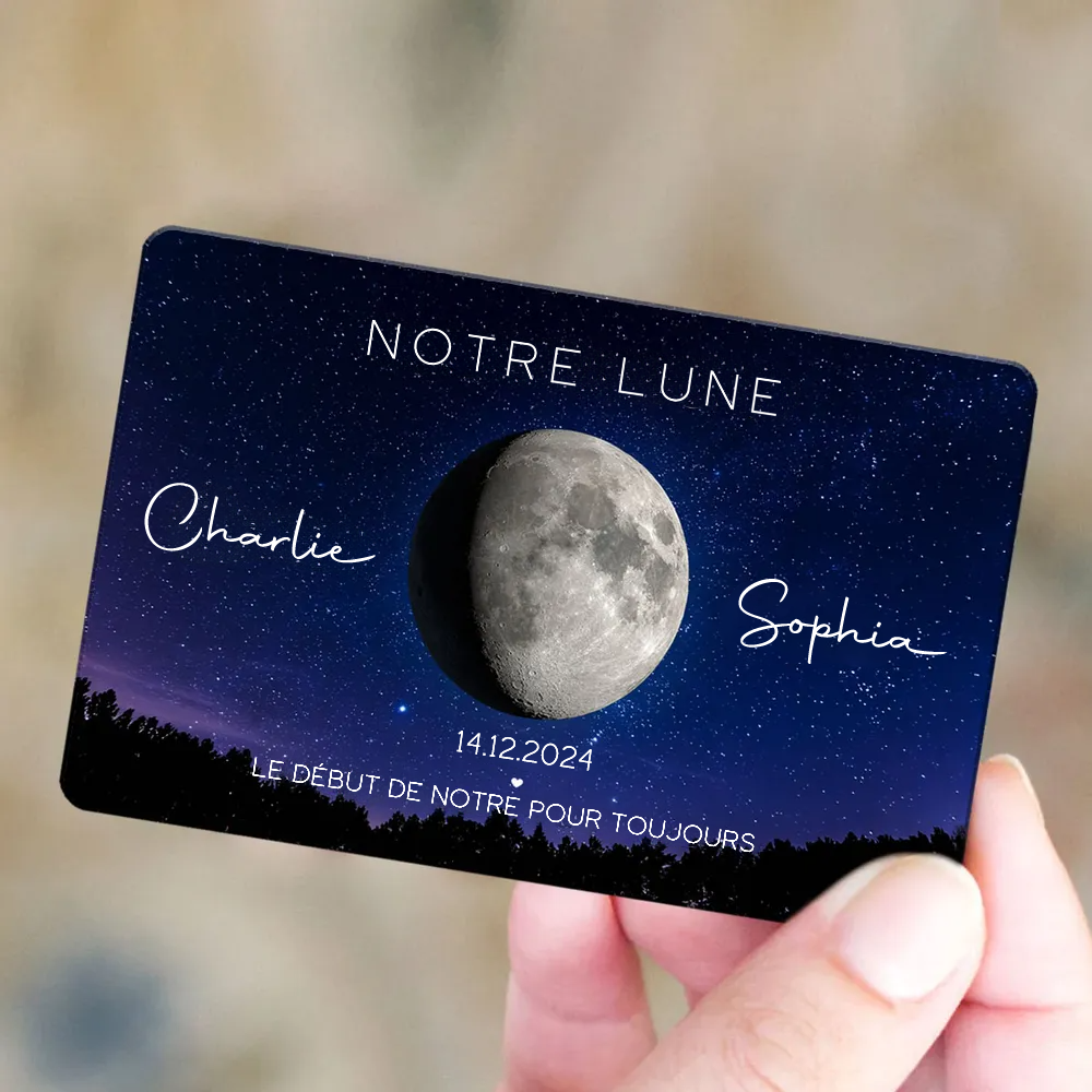 Notre lune - Carte portefeuille personnalisée avec phase lunaire, nom et texte Cadeau pour couple