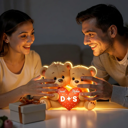 Ours et cœur - Boîte lumineuse LED personnalisée avec prénom - Cadeau pour couple