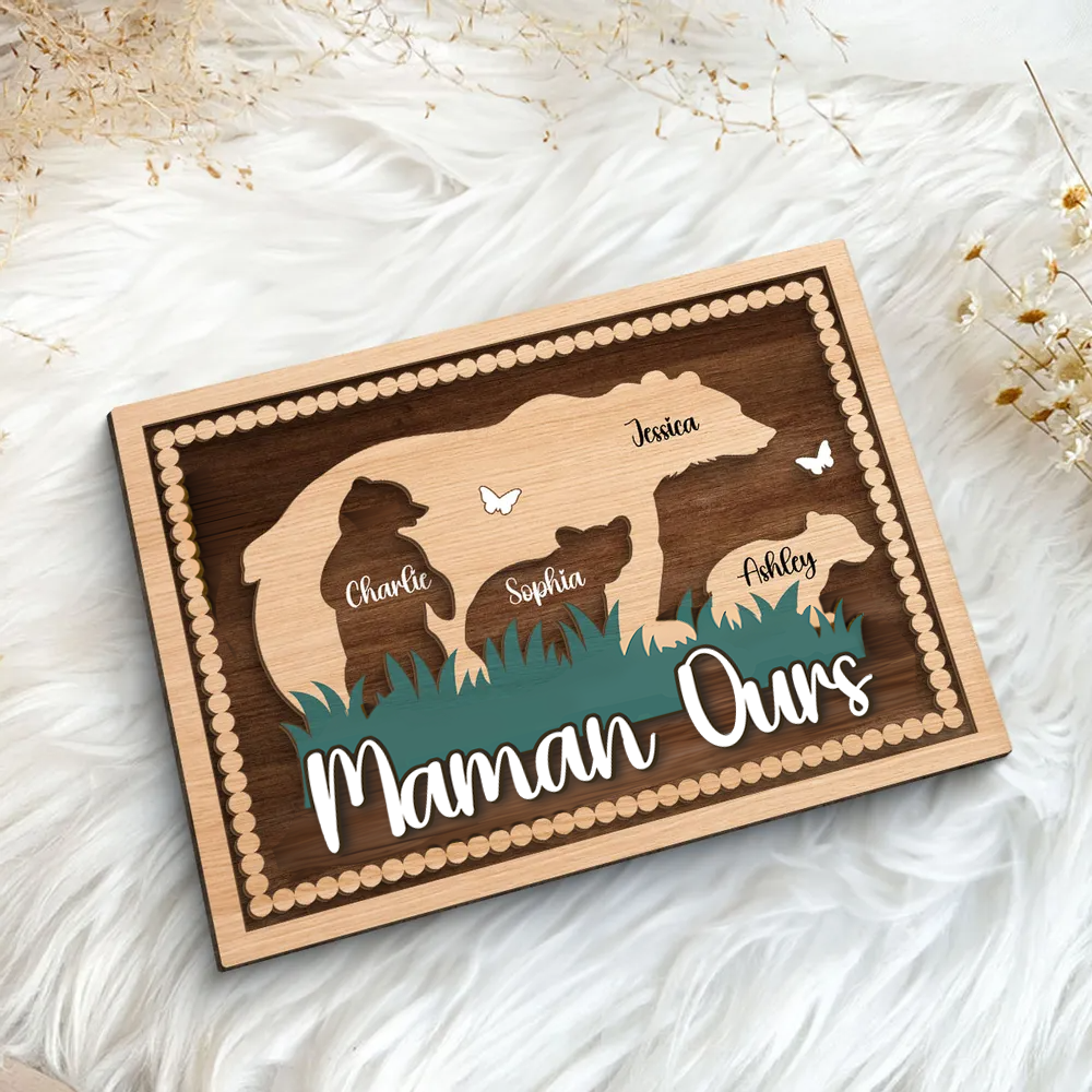 Décoration en bois personnalisé à 2 couches « Maman Ourse » avec motif d’ours