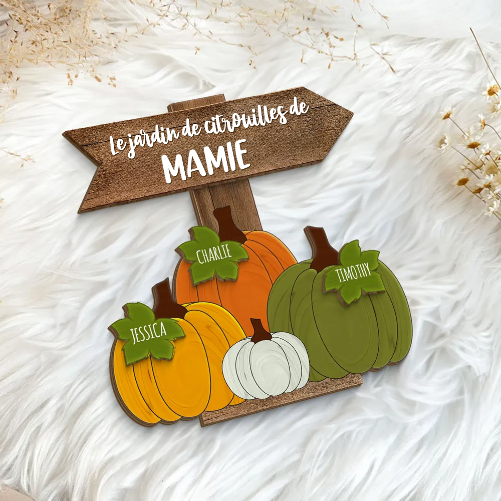 Jardin de citrouilles de Mamie – Plaque en bois personnalisée avec noms