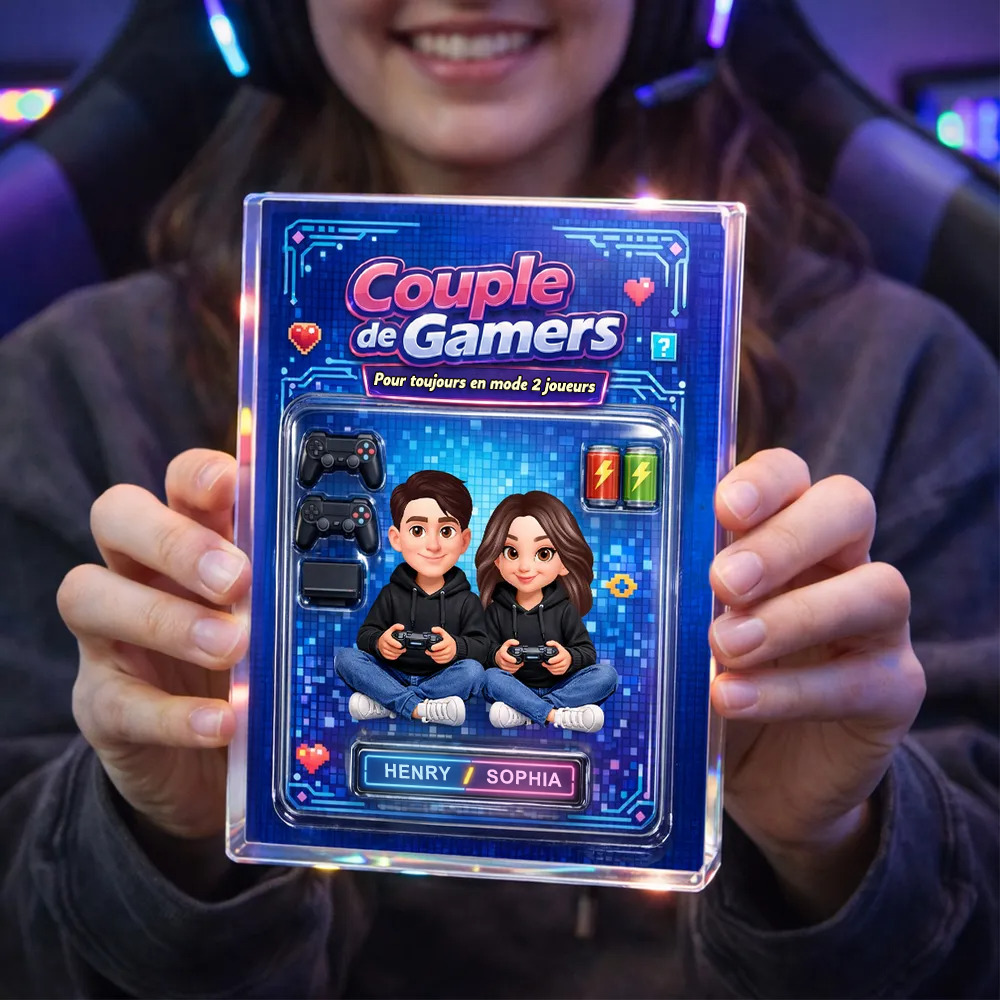 Couple de gamers – Bloc en acrylique personnalisé avec couple et prénoms