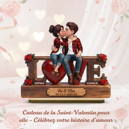 LOVE – Présentoir en bois personnalisé avec couple et texte – Cadeau pour anniversaire de mariage et Saint-Valentin