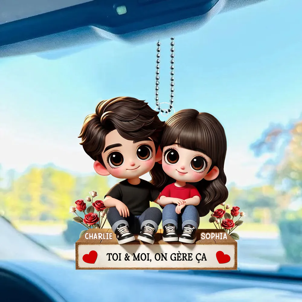 Pendentif en acrylique personnalisé avec illustration cartoon – Cadeau pour couple
