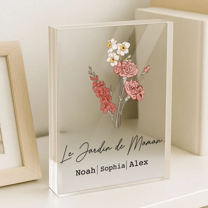 Bloc en acrylique personnalisé avec bouquet de fleurs de naissance, texte et prénoms – Cadeau pour maman et mamie