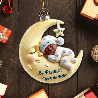 Premier Noël de bébé – Ornement acrylique personnalisé « Bébé sur lune »