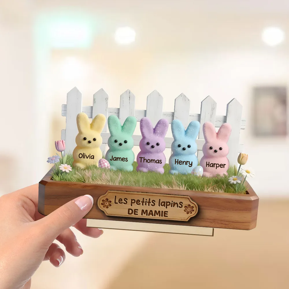 Décoration en bois personnalisé avec lapins – Cadeau pour mamie