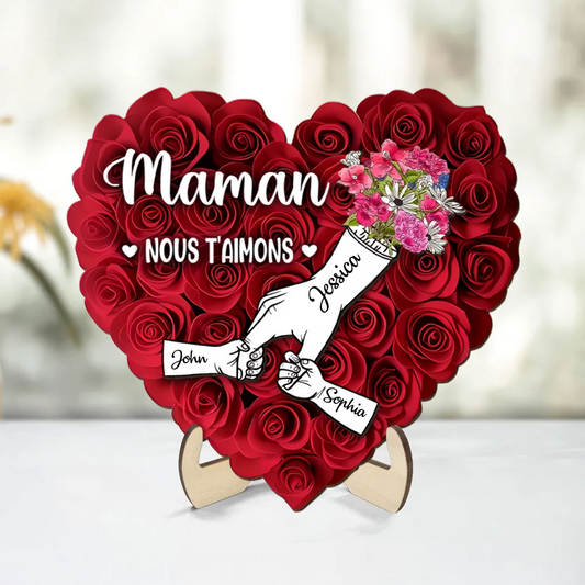 Décoration en bois personnalisé « Main dans la main » avec roses – Cadeau pour maman et mamie
