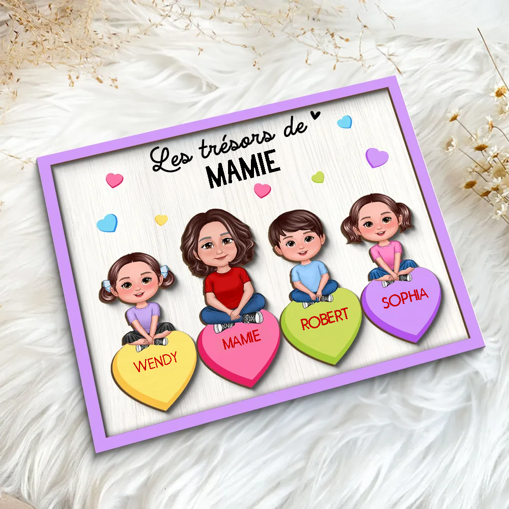 Les Trésore de mamie – Plaque en bois personnalisée pour mamie / maman avec enfants