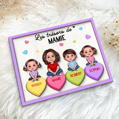 Les Trésore de mamie – Plaque en bois personnalisée pour mamie / maman avec enfants