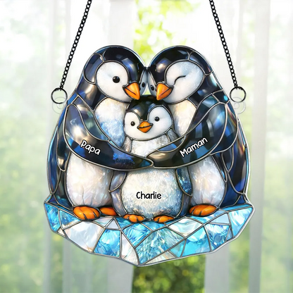 Famille de pingouins – Ornement attrape-soleil personnalisé avec prénoms – Cadeau pour papa et maman