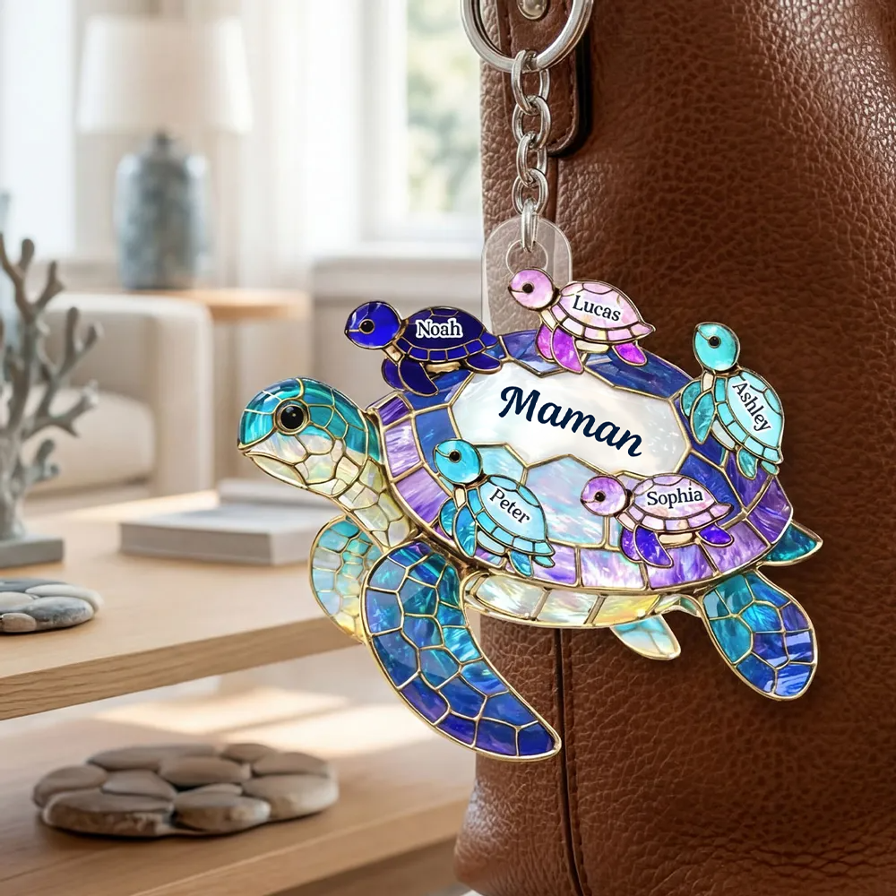 Porte-clés en acrylique avec tortues marines et prénoms – Cadeau pour mamie et maman