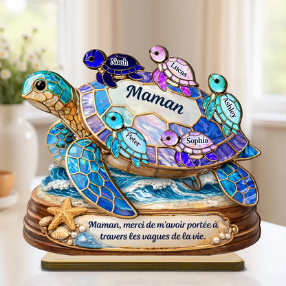 Maman / mamie tortue avec enfants – Présentoir en bois personnalisé avec prénoms et texte
