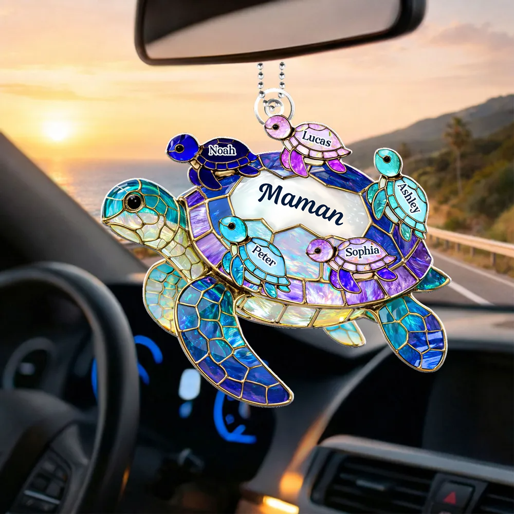 Pendentif en acrylique personnalisé avec tortues marines – Cadeau pour maman et mamie
