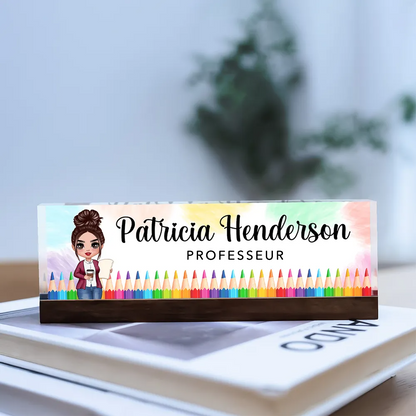Plaque nominative en acrylique personnalisée – Pour enseignantes avec motifs de crayons de couleur