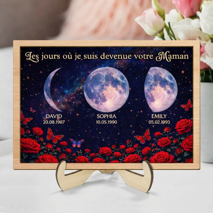 Roses et phases de lune – Présentoir en bois personnalisé – Cadeau pour maman