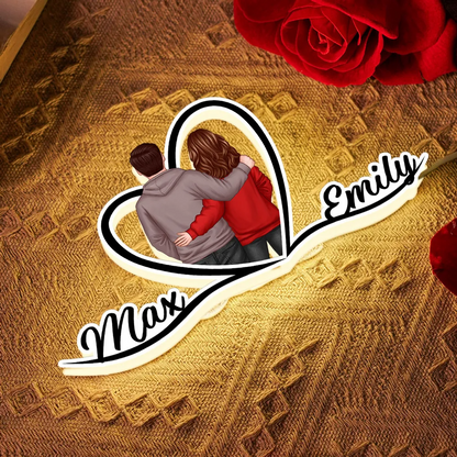 Couple avec cœur - Boîte lumineuse personnalisée avec noms et personnages - Cadeau pour la Saint-Valentin