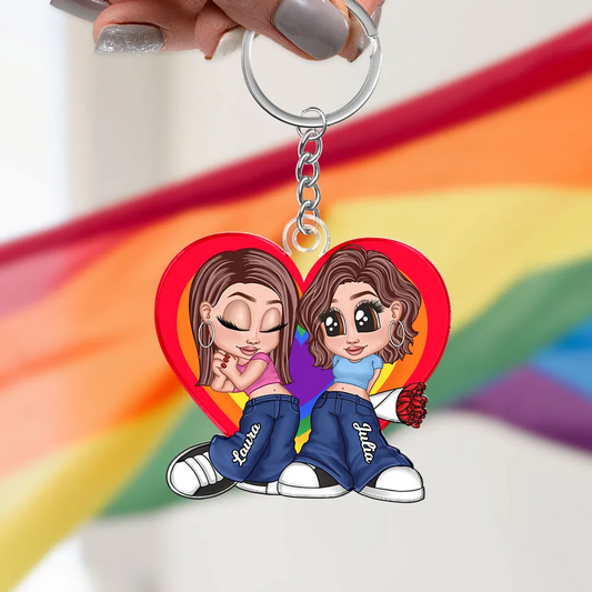 Porte-clés acrylique personnalisé cœur arc-en-ciel – Cadeau pour couple LGBT
